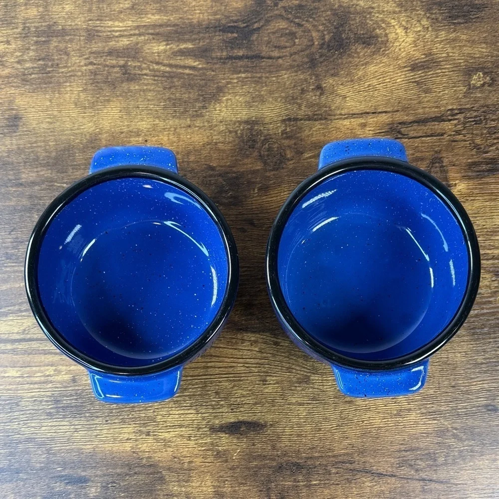 Pair of Blue Ceramic Bowls with Handles Dishwasher & Microwave Safe